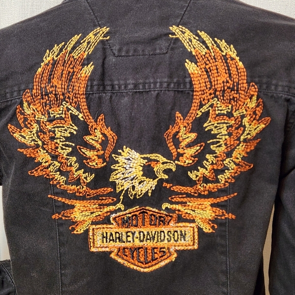 Harley Davidson Embroidered Flame Eagle Black Denim Button Down Shirt Small Y2K - Picture 3 of 13